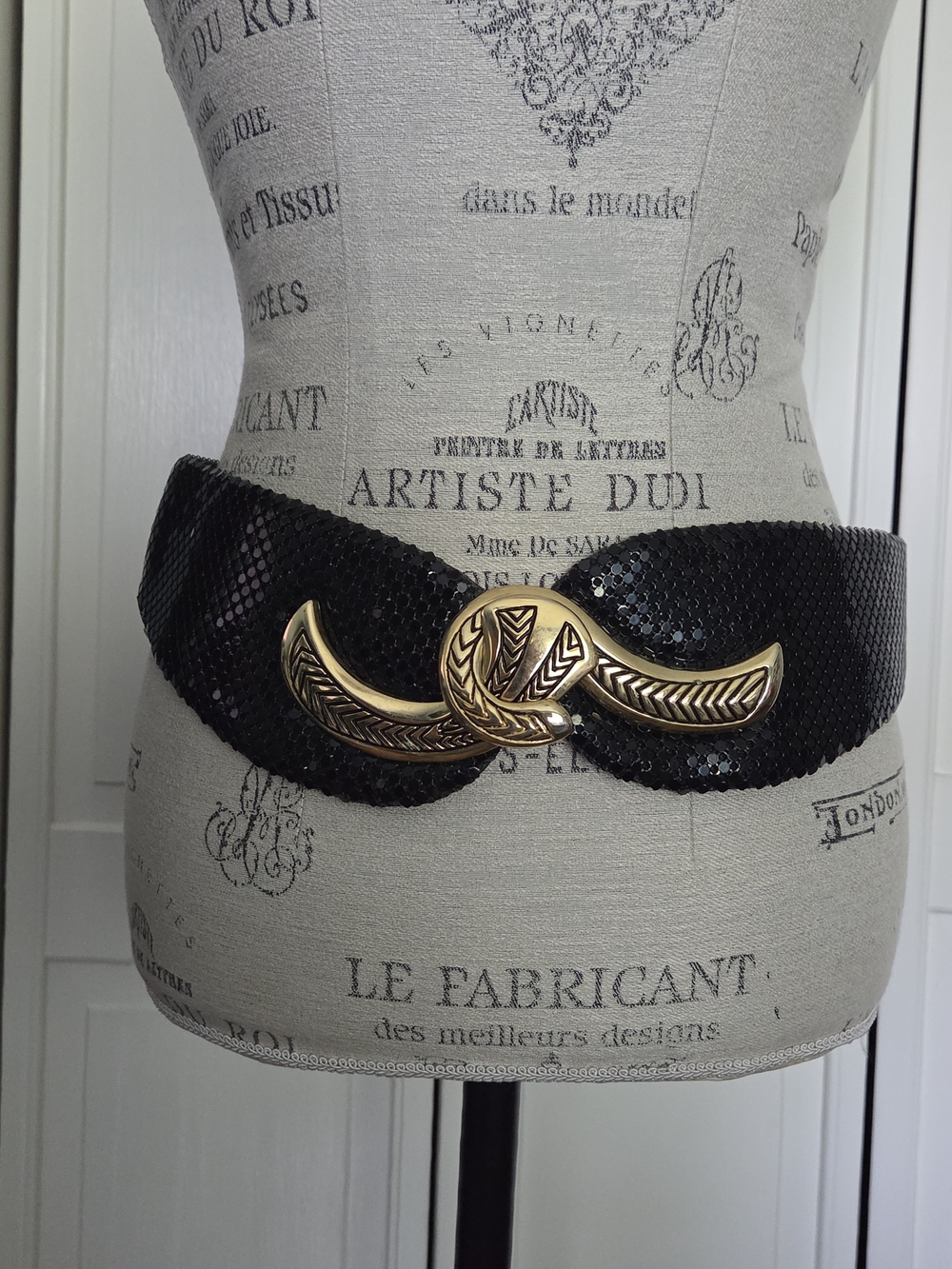 Vintage Black Sequin Mesh Belt with Gold Interlocking Buckle By Comeco